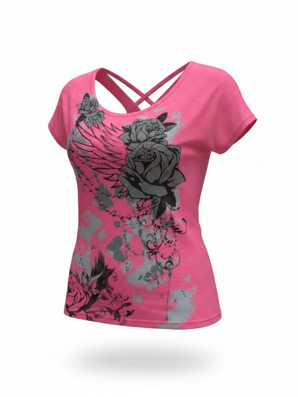 BONGO Hot Short Sleeve Top with Gray Floral Wing Graphic